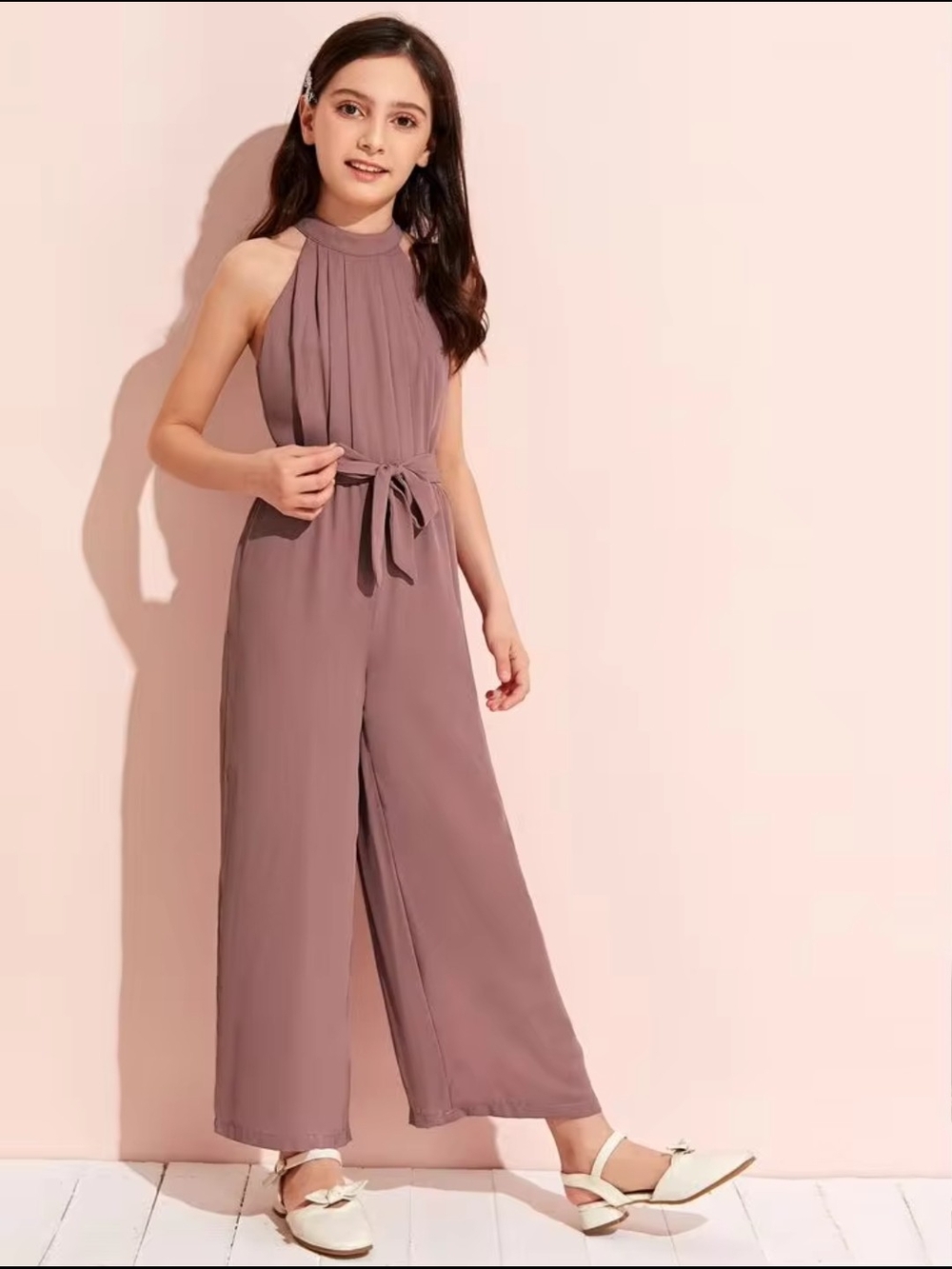 SHEIN Mauve Halter-Neck Wide Leg Girls' Jumpsuit with Waist Tie
